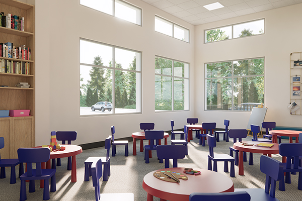 classroom with kids tables and chairs