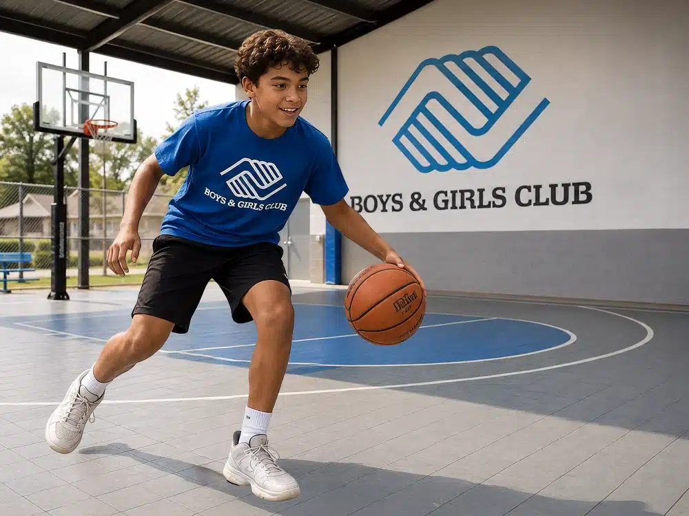 boy playing basketball in covered outdoor sports area